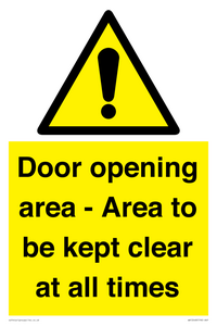 Door opening area - Area to be kept clear at all times